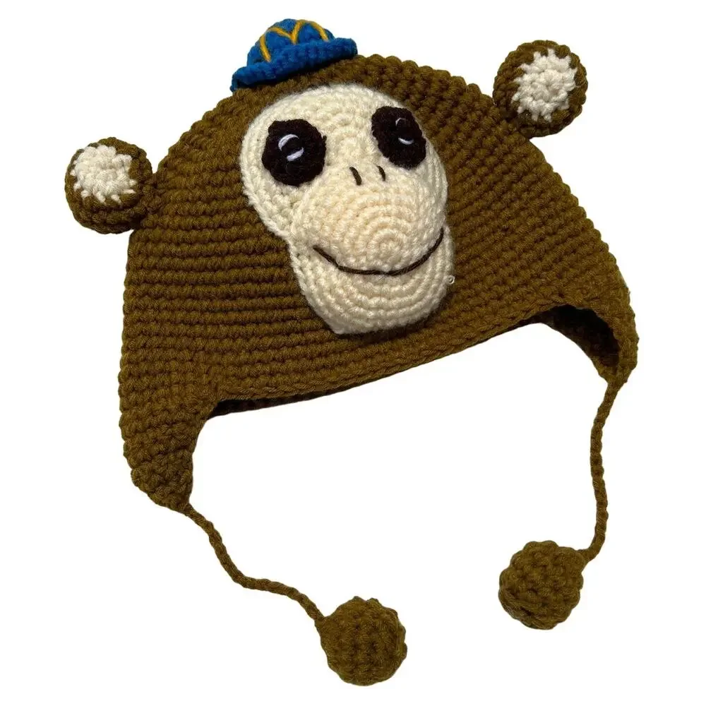 Handmade Monkey Hat Knit Bear Beanie Hat Brown Alpaca Fleece Lined 3D